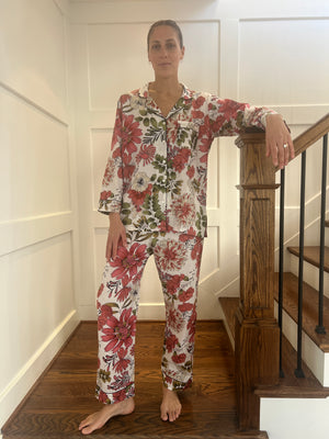 100% Cotton Long Pajama Set in Chrysanthemum White