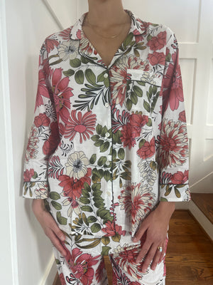 100% Cotton Long Pajama Set in Chrysanthemum White
