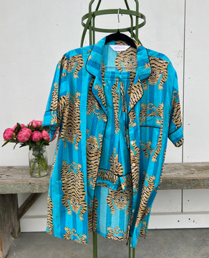 100% Cotton Shorty Pajama Set in Tibetan Tiger (blue)