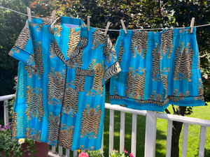 100% Cotton Shorty Pajama Set in Tibetan Tiger (blue)