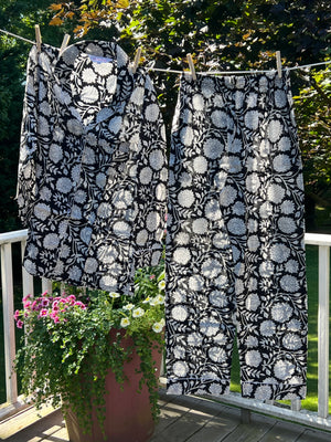 100% Cotton Long Pajama Set in Dahlia Black & White