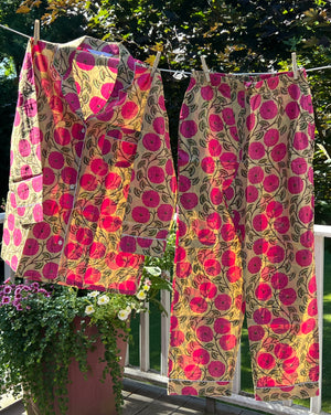 100% Cotton Long Pajama Set in Cornflower Amber & Raspberry