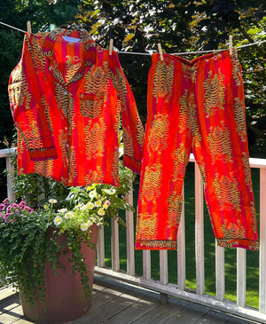 100% Cotton Long Pajama Set in Tibetan Tiger Pink & Orange