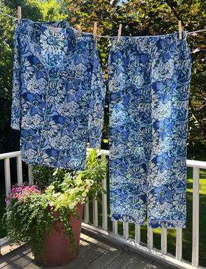 100% Cotton Long Pajama Set in Sunflower Blue