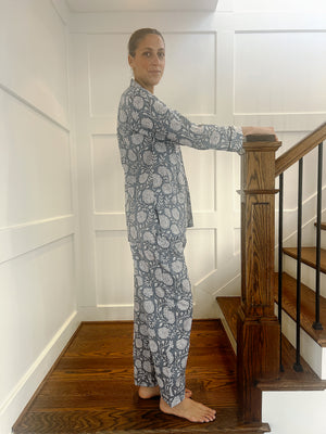 100% Cotton Long Pajama Set in Dahlia Grey & White