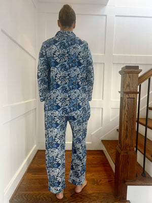 100% Cotton Long Pajama Set in Sunflower Blue