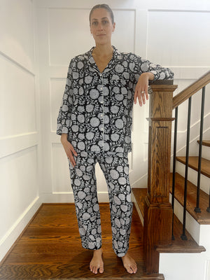 100% Cotton Long Pajama Set in Dahlia Black & White