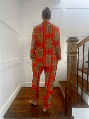100% Cotton Long Pajama Set in Tibetan Tiger Pink & Orange