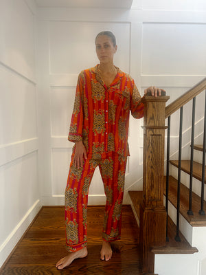 100% Cotton Long Pajama Set in Tibetan Tiger Pink & Orange