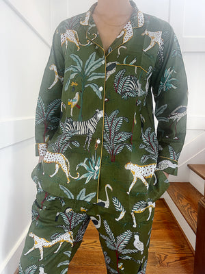 100% Cotton Long Pajama Set in Safari Green