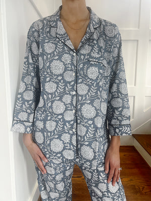 100% Cotton Long Pajama Set in Dahlia Grey & White