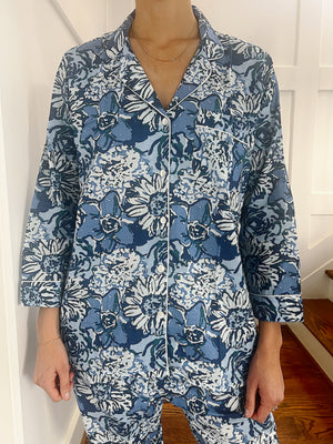 100% Cotton Long Pajama Set in Sunflower Blue