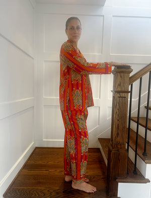 100% Cotton Long Pajama Set in Tibetan Tiger Pink & Orange